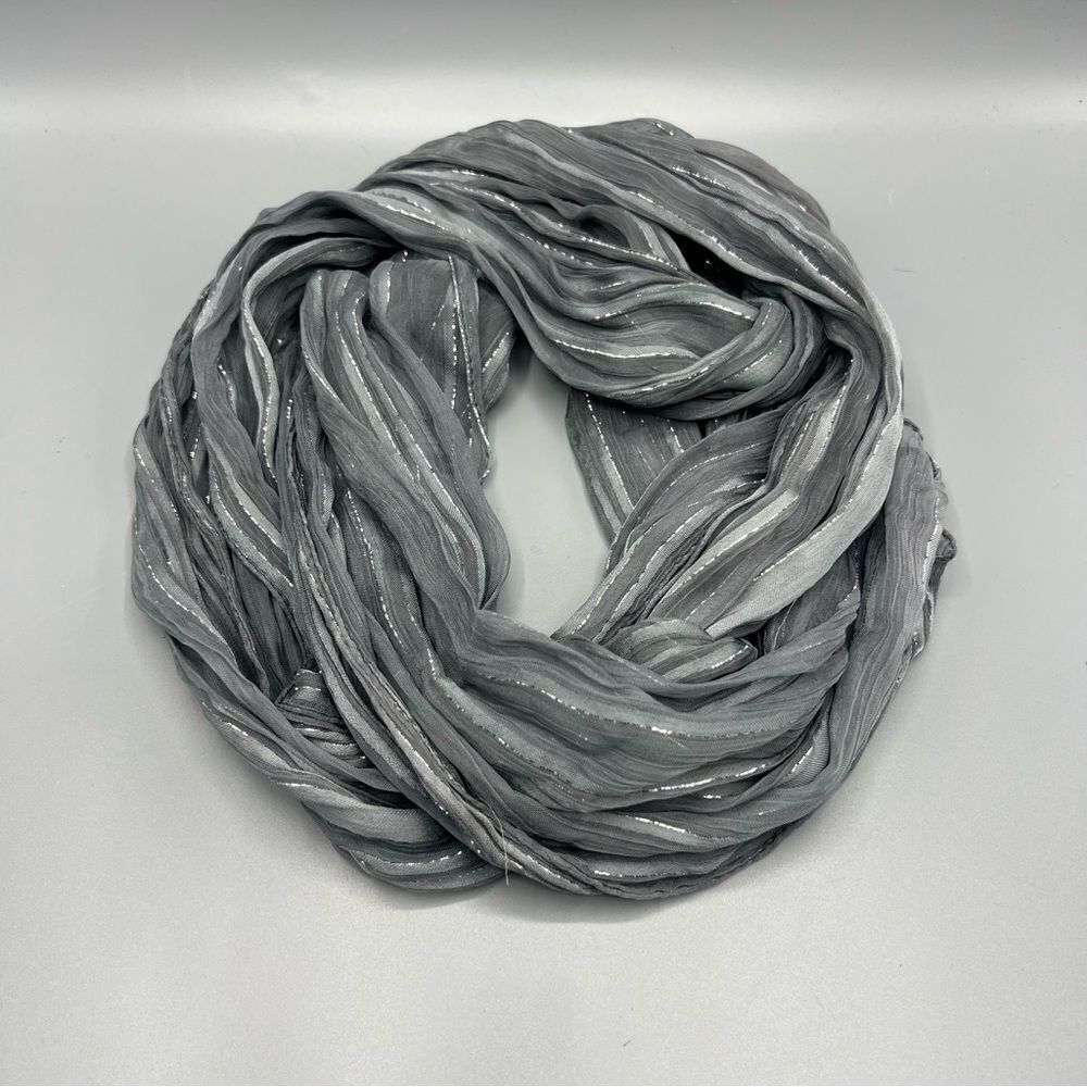 Noa Noa Gray Stripe Silver Metallic Long Lightweight Semi-Sheer Scarf